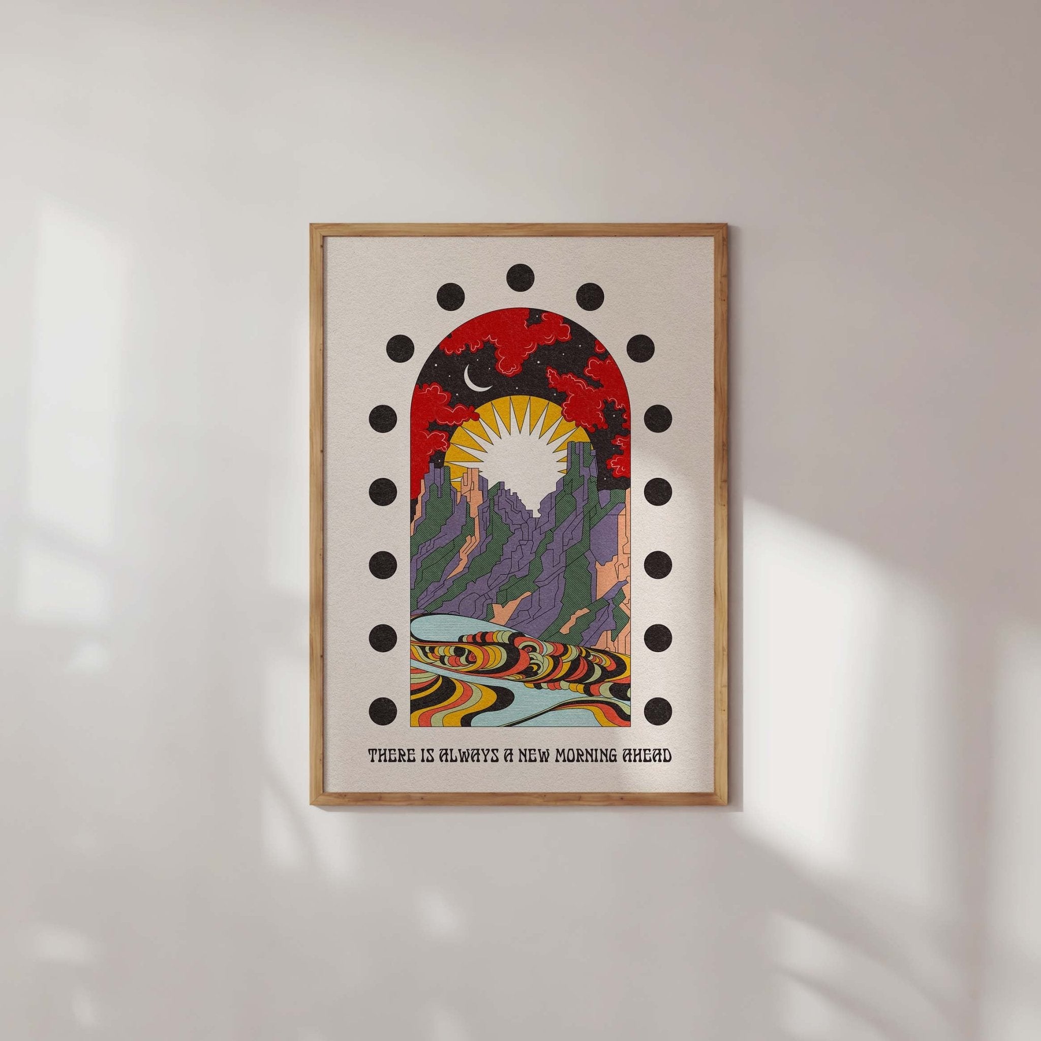 Art print titled 'A New Morning Ahead' featuring a serene mountain scene with sun and moon, available with or without text.