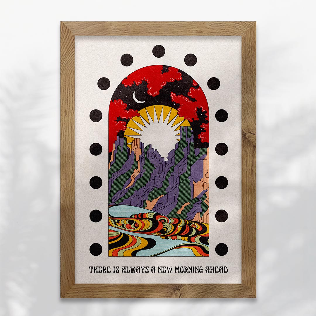 Art print titled 'A New Morning Ahead' featuring a serene mountain scene with sun and moon, available with or without text.
