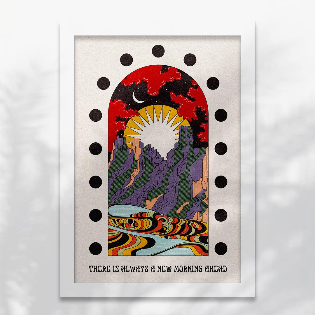Art print titled 'A New Morning Ahead' featuring a serene mountain scene with sun and moon, available with or without text.