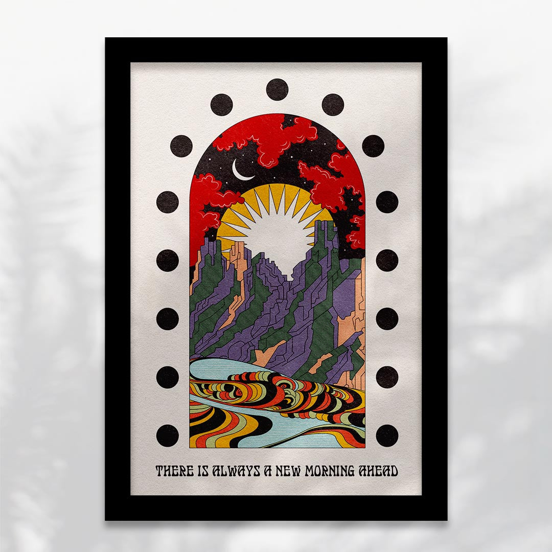 Art print titled 'A New Morning Ahead' featuring a serene mountain scene with sun and moon, available with or without text.