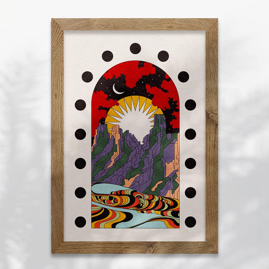 Art print titled 'A New Morning Ahead' featuring a serene mountain scene with sun and moon, available with or without text.