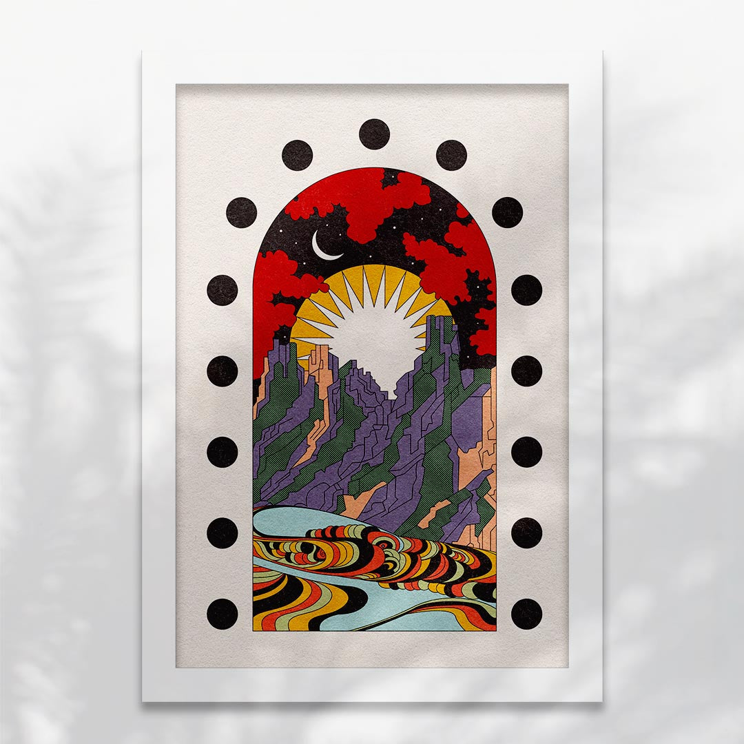 Art print titled 'A New Morning Ahead' featuring a serene mountain scene with sun and moon, available with or without text.