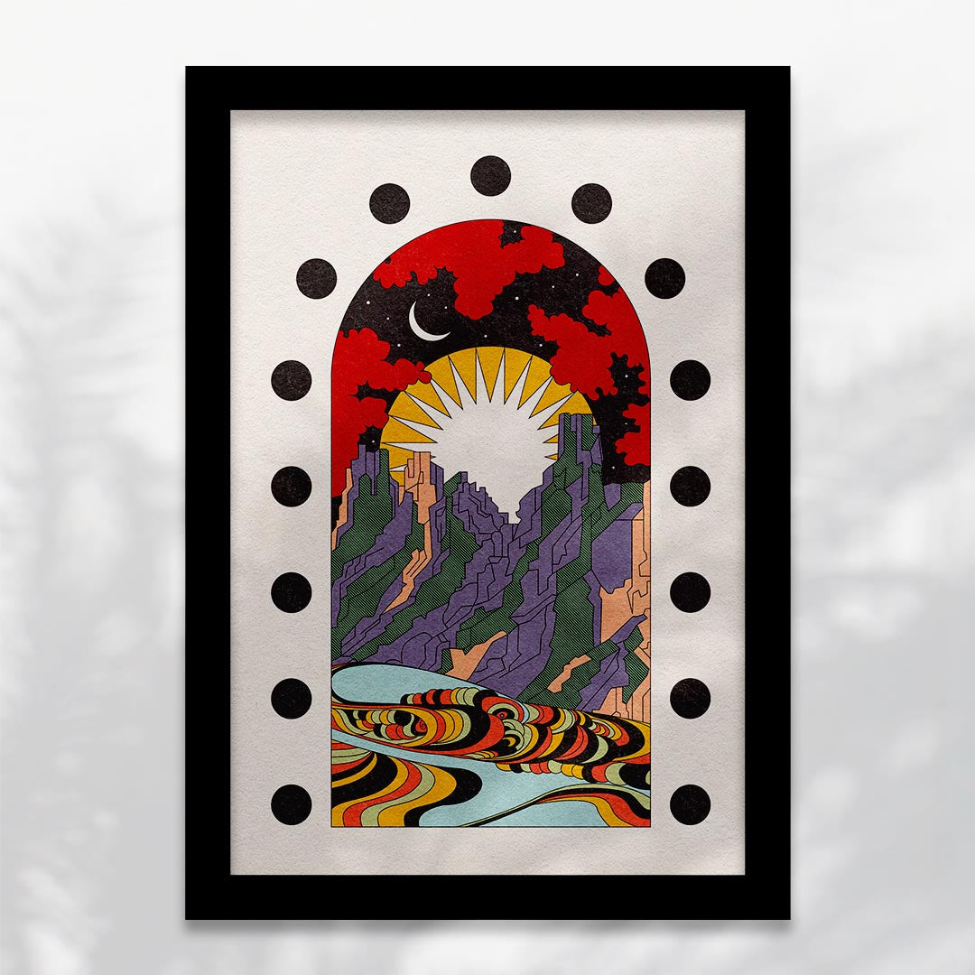 Art print titled 'A New Morning Ahead' featuring a serene mountain scene with sun and moon, available with or without text.