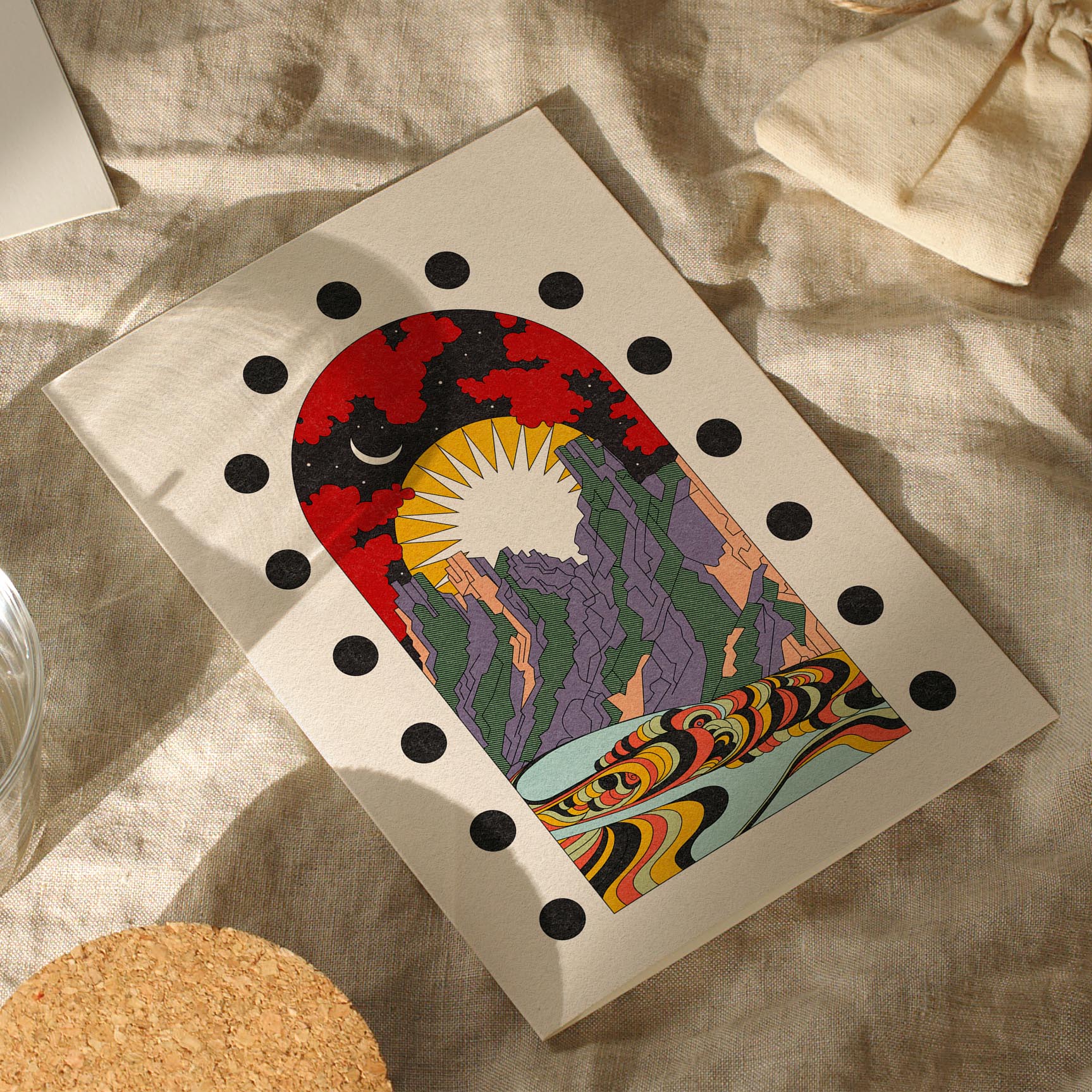 Art print titled 'A New Morning Ahead' featuring a serene mountain scene with sun and moon, available with or without text.