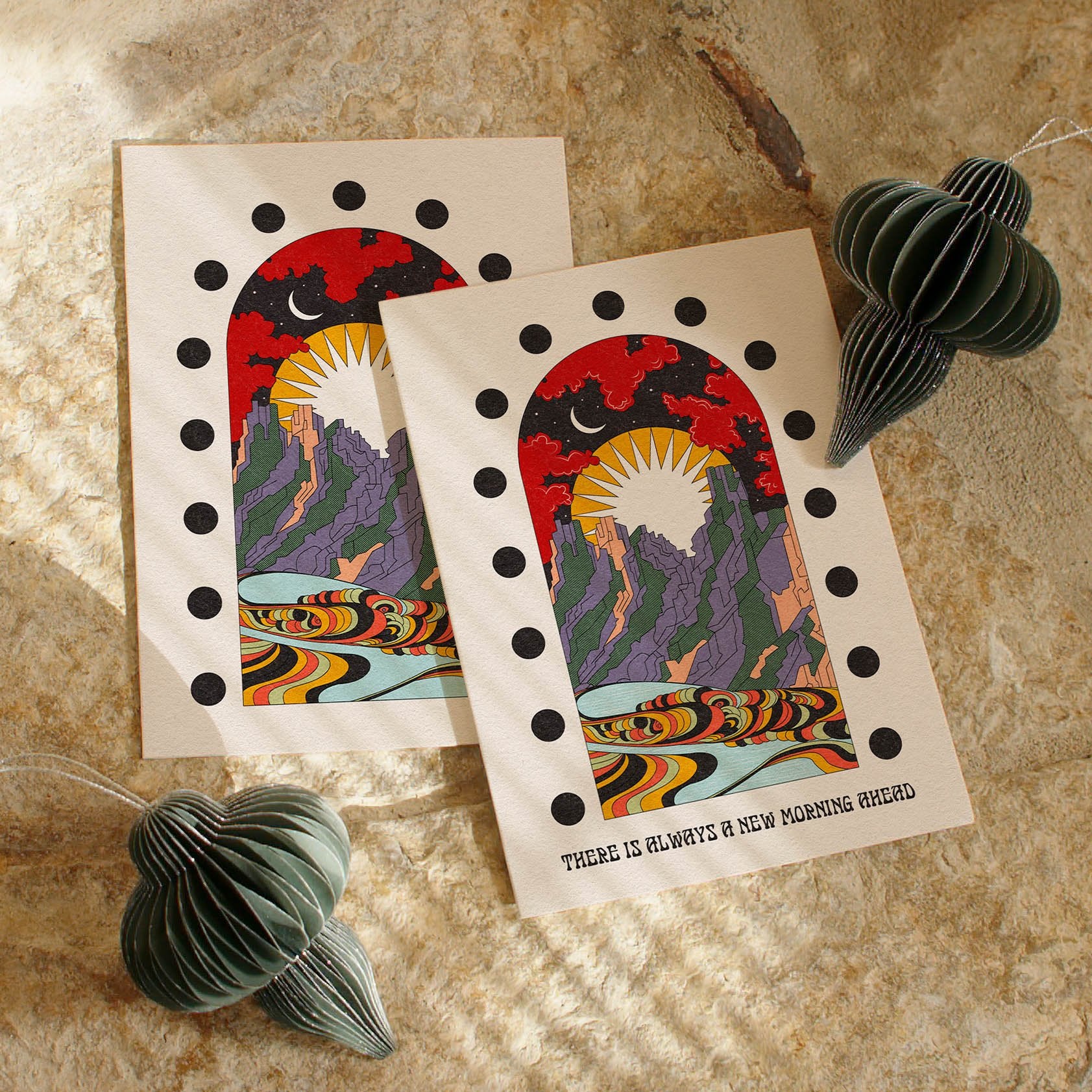 Art print titled 'A New Morning Ahead' featuring a serene mountain scene with sun and moon, available with or without text.