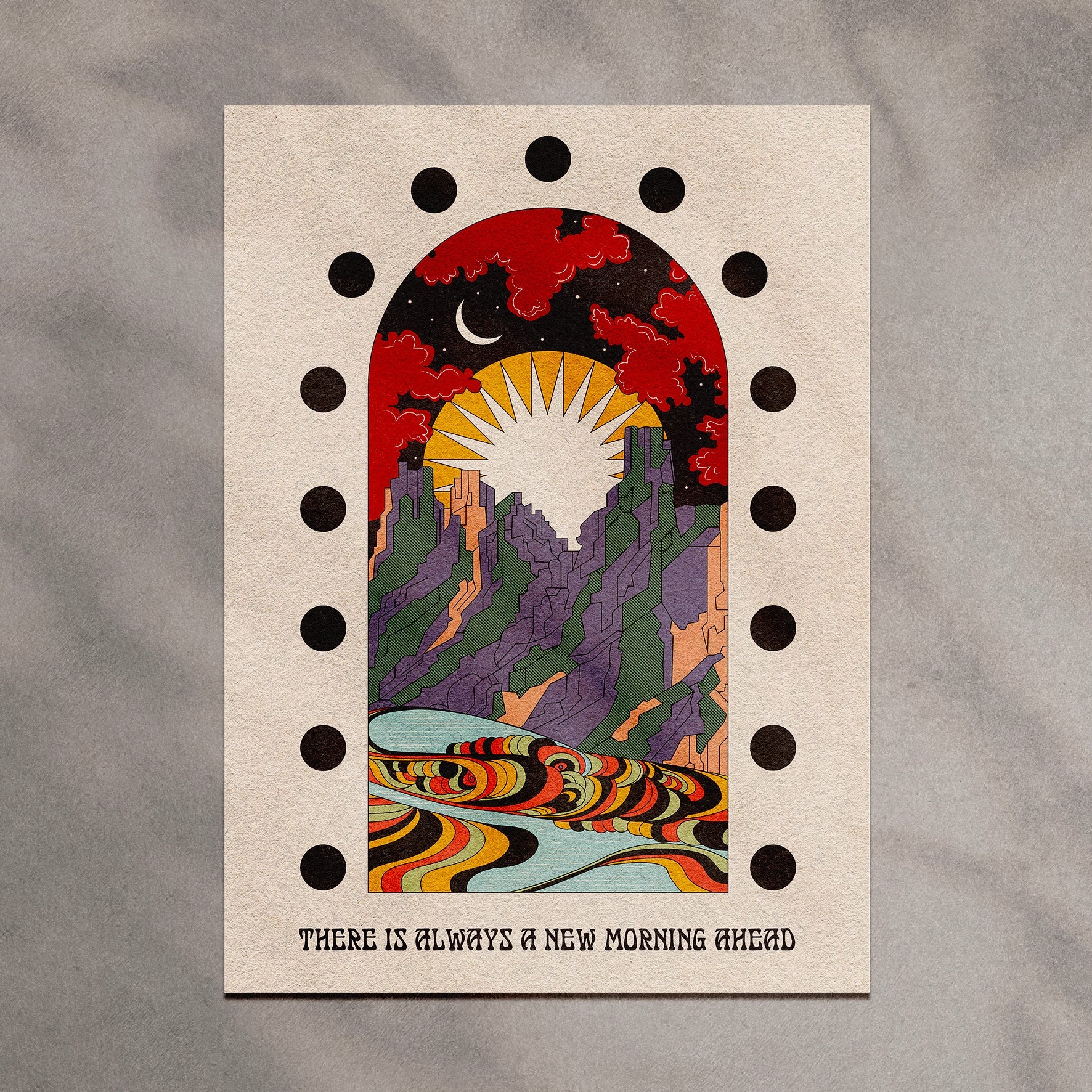 Art print titled 'A New Morning Ahead' featuring a serene mountain scene with sun and moon, available with or without text.