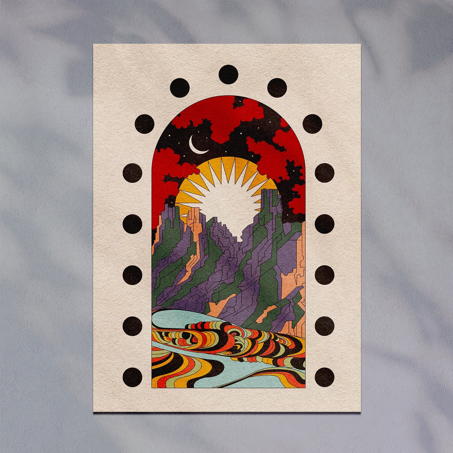 Art print titled 'A New Morning Ahead' featuring a serene mountain scene with sun and moon, available with or without text.