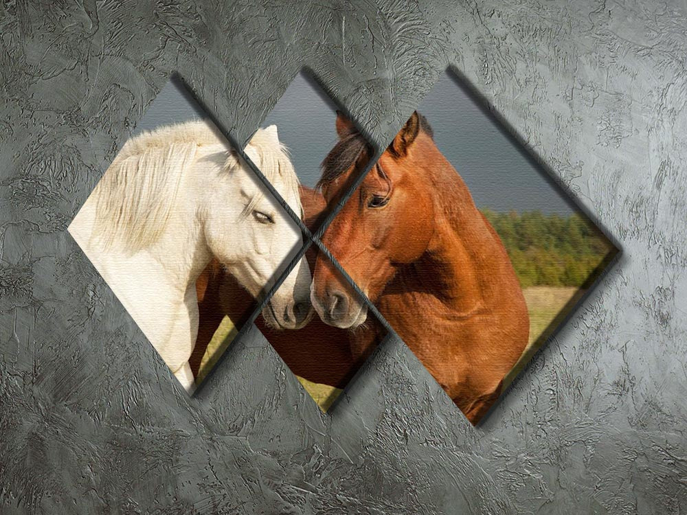 A beautiful 4 square multi-panel canvas depicting two horses showing affection, enhancing home decor.