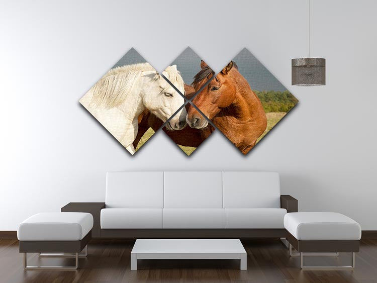 A beautiful 4 square multi-panel canvas depicting two horses showing affection, enhancing home decor.