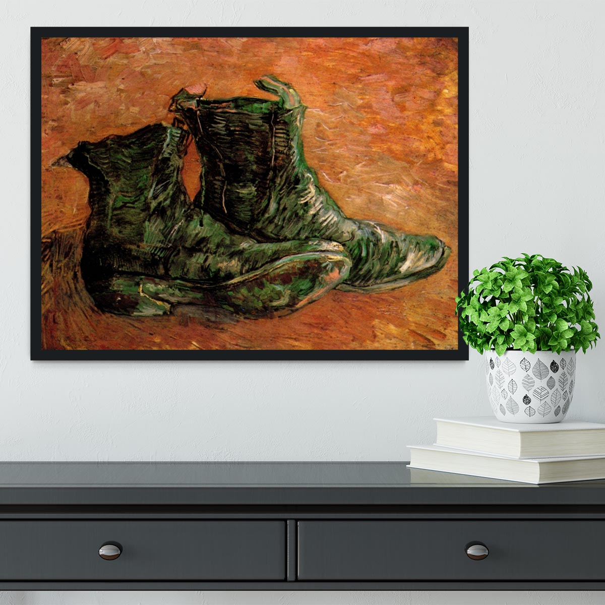 Framed print of Van Gogh's iconic shoes, showcasing vibrant colors and intricate details.