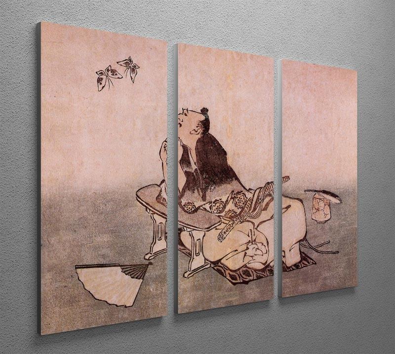 A stunning 3-panel canvas art featuring Hokusai's depiction of a philosopher observing two butterflies, showcasing vibrant colors and intricate details.