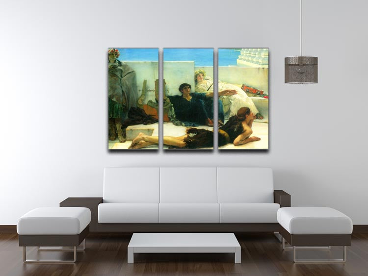 Three-panel canvas print featuring Alma Tadema's reading of Homer, showcasing vibrant colors and intricate details.