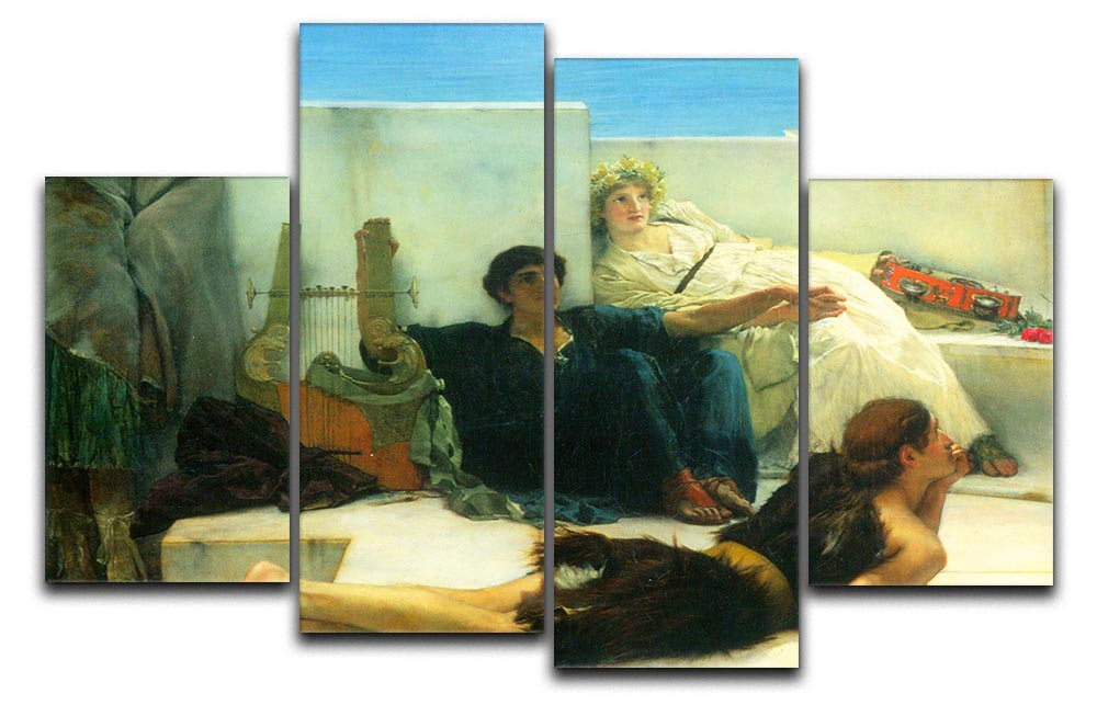 A 4-split canvas artwork depicting Homer reading, by Alma Tadema, showcasing intricate details and vibrant colors.