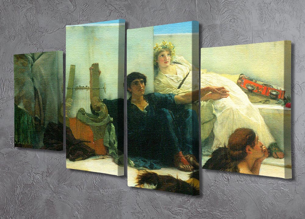 A 4-split canvas artwork depicting Homer reading, by Alma Tadema, showcasing intricate details and vibrant colors.