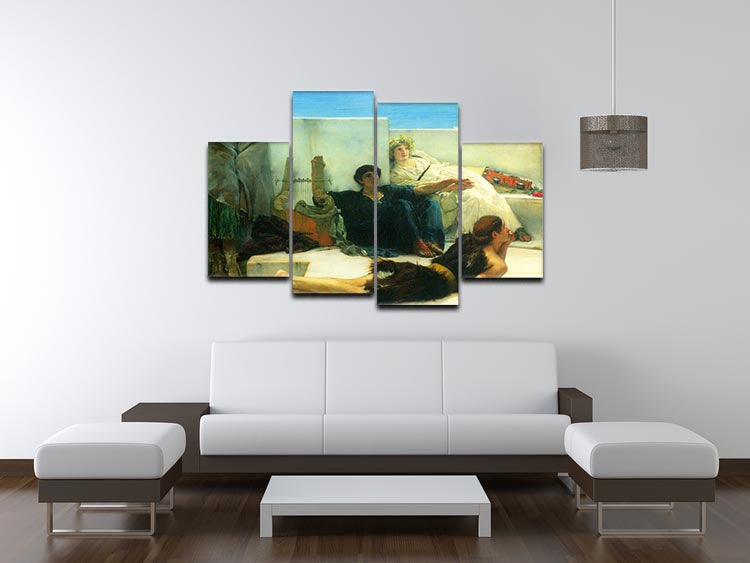 A 4-split canvas artwork depicting Homer reading, by Alma Tadema, showcasing intricate details and vibrant colors.