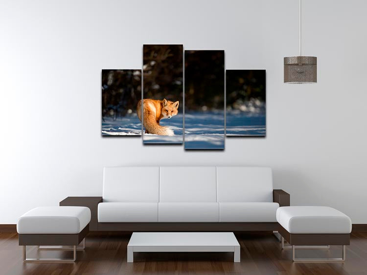 A beautiful 4-panel canvas artwork featuring a red fox looking back at the camera, showcasing vibrant colors and intricate details.