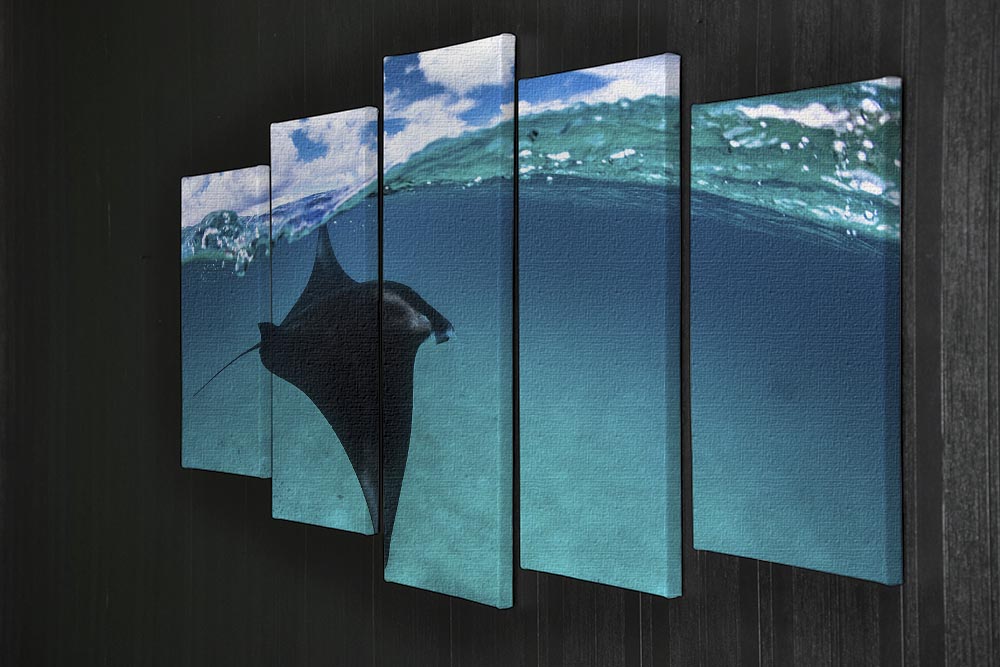 A beautiful 5-split panel canvas artwork featuring a Reef Manta Ray in vibrant colors, showcasing its graceful form in an ocean setting.