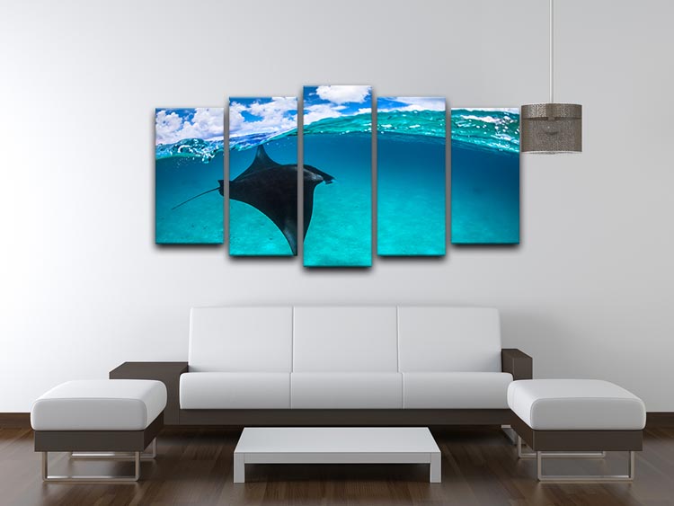 A beautiful 5-split panel canvas artwork featuring a Reef Manta Ray in vibrant colors, showcasing its graceful form in an ocean setting.