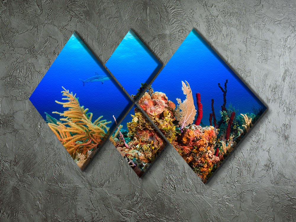A vibrant 4-square canvas artwork depicting a reef shark swimming through a colorful tropical coral reef.
