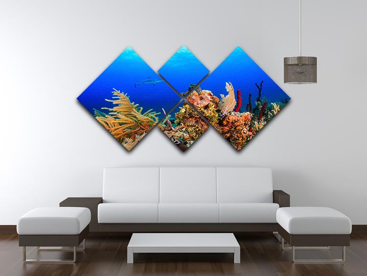 A vibrant 4-square canvas artwork depicting a reef shark swimming through a colorful tropical coral reef.