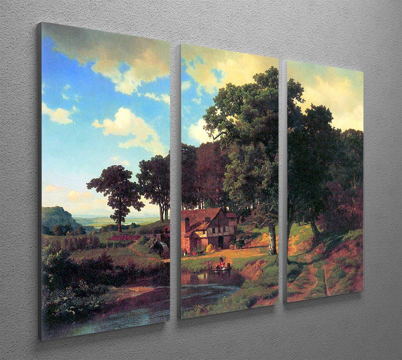 A beautiful 3-panel canvas print featuring a rustic mill scene by Bierstadt, showcasing intricate details and vibrant colors.
