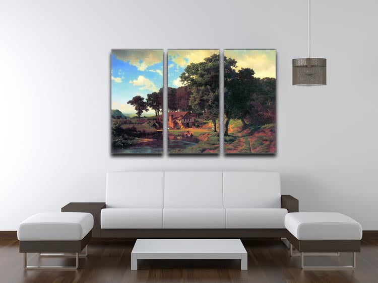 A beautiful 3-panel canvas print featuring a rustic mill scene by Bierstadt, showcasing intricate details and vibrant colors.