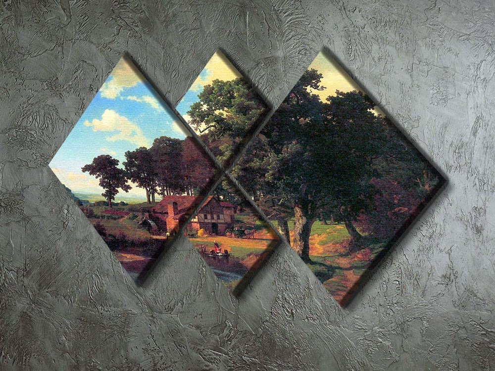 A rustic mill artwork by Bierstadt displayed in a 4-square multi-panel canvas arrangement, showcasing nature's beauty.