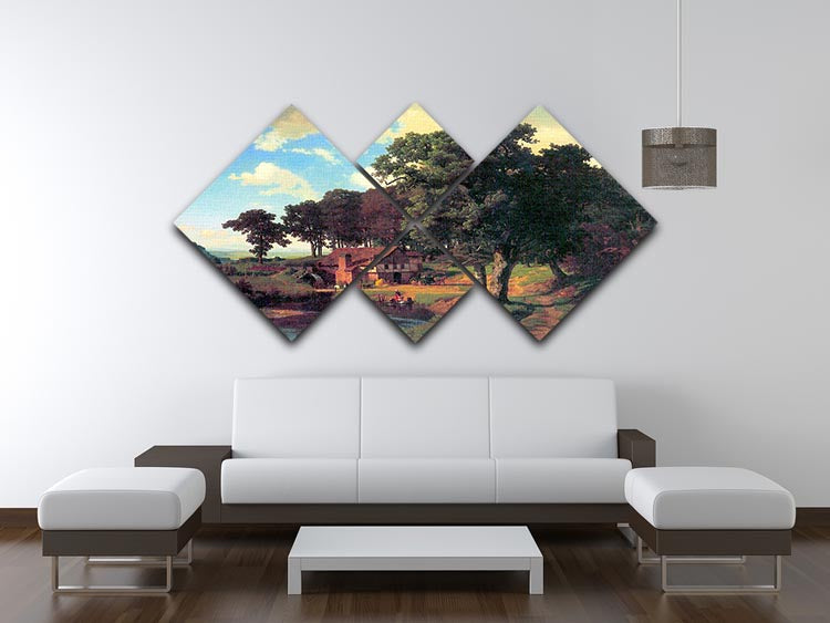 A rustic mill artwork by Bierstadt displayed in a 4-square multi-panel canvas arrangement, showcasing nature's beauty.