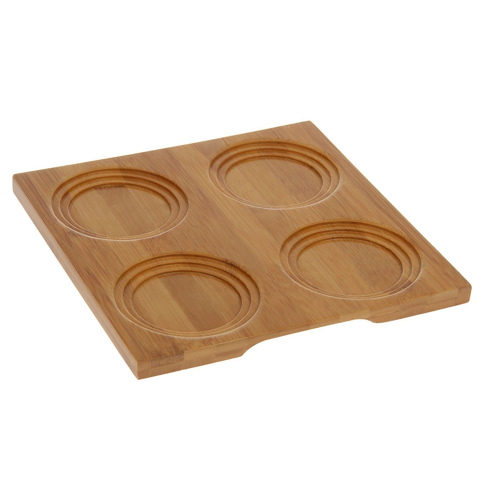 A stylish bamboo tray with four double-walled thermo glasses, showcasing an elegant dining presentation.