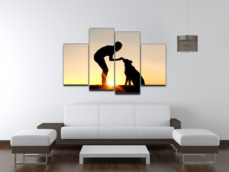 A beautiful 4-split canvas artwork depicting a silhouette of a girl sitting in the grass with her pet, showcasing a serene outdoor scene.