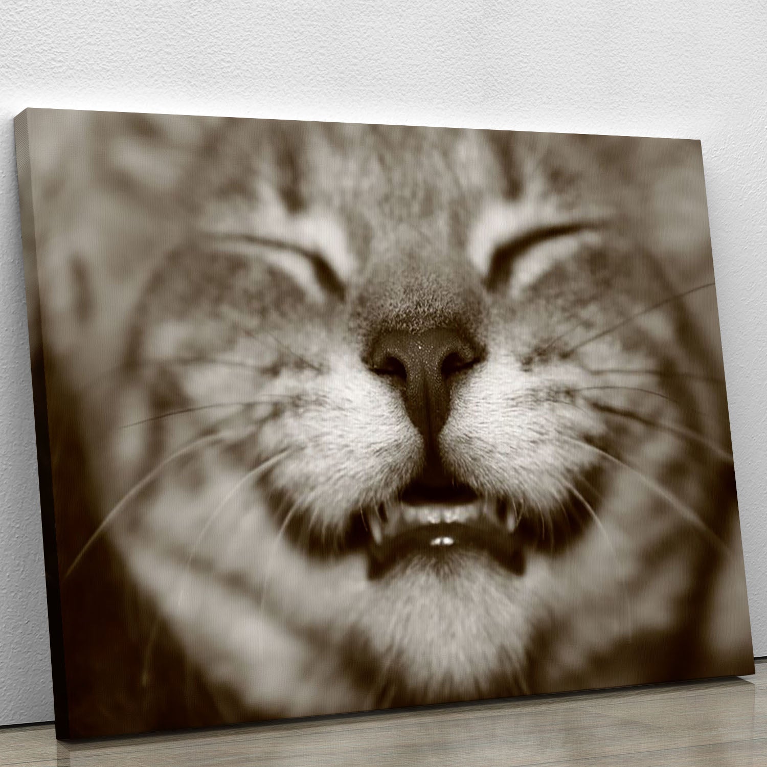 A vibrant canvas print featuring a smiling kitten, showcasing its playful and adorable nature.