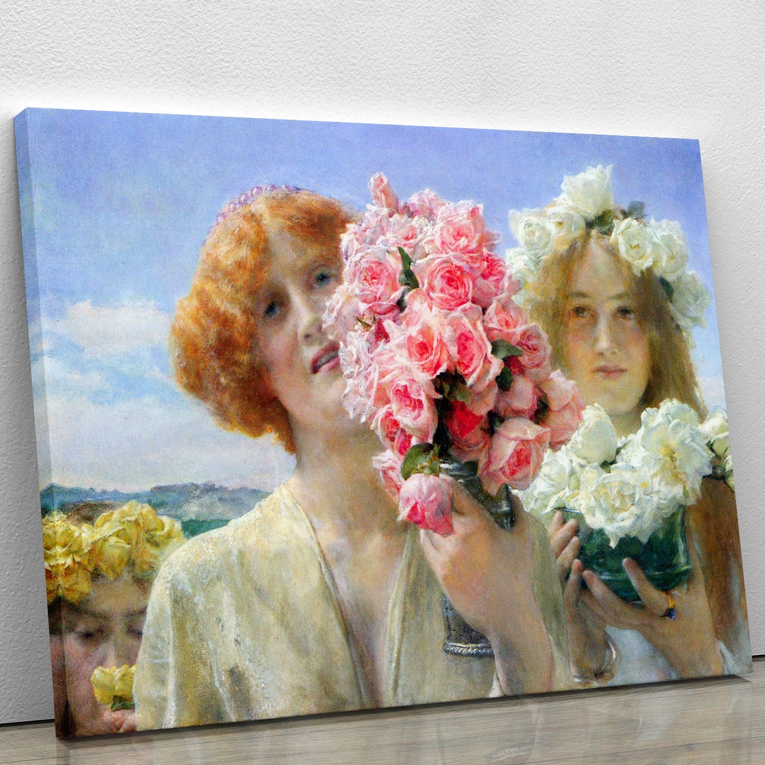 A vibrant canvas print or poster featuring Alma Tadema's summer artwork, showcasing elegant colors and intricate details.