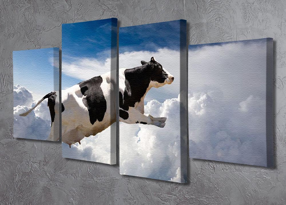 A whimsical 4-panel canvas artwork featuring a super cow flying over fluffy clouds, showcasing vibrant colors and playful design.