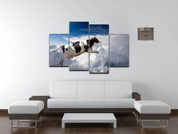 A whimsical 4-panel canvas artwork featuring a super cow flying over fluffy clouds, showcasing vibrant colors and playful design.