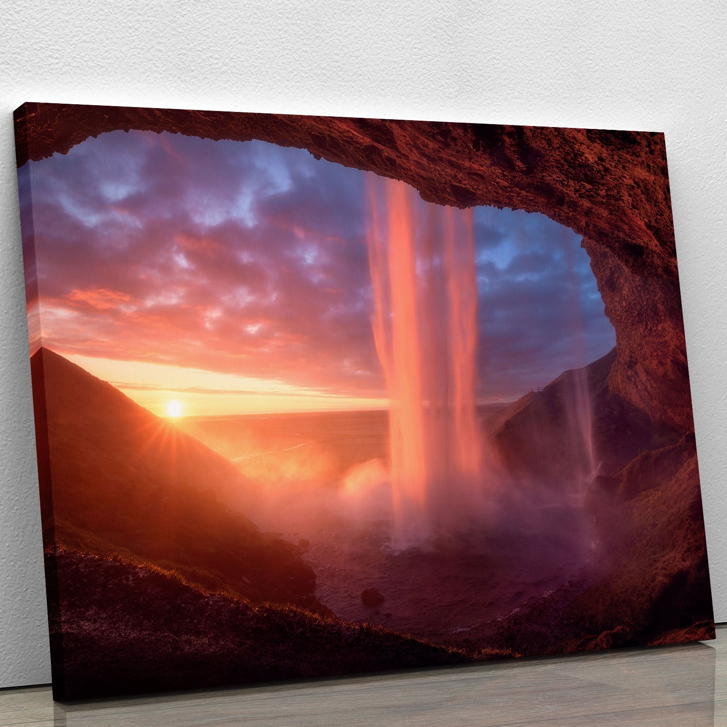 A vibrant canvas print featuring a wall of flames, showcasing dynamic colors and abstract design, perfect for modern decor.