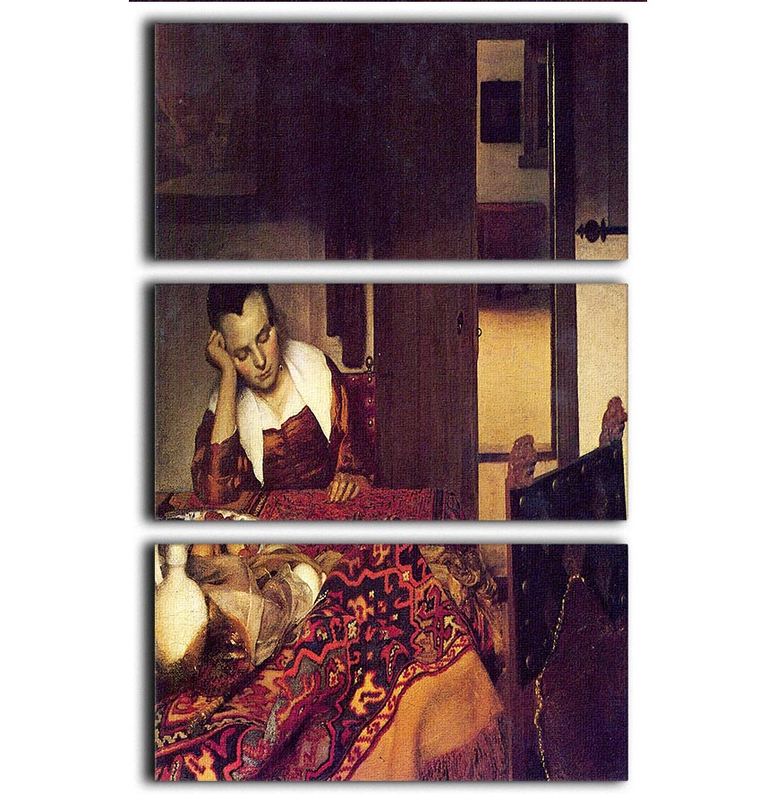 A beautiful 3-panel canvas print featuring Vermeer's 'A Woman Asleep', showcasing elegant colors and intricate details.