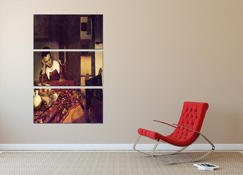 A beautiful 3-panel canvas print featuring Vermeer's 'A Woman Asleep', showcasing elegant colors and intricate details.