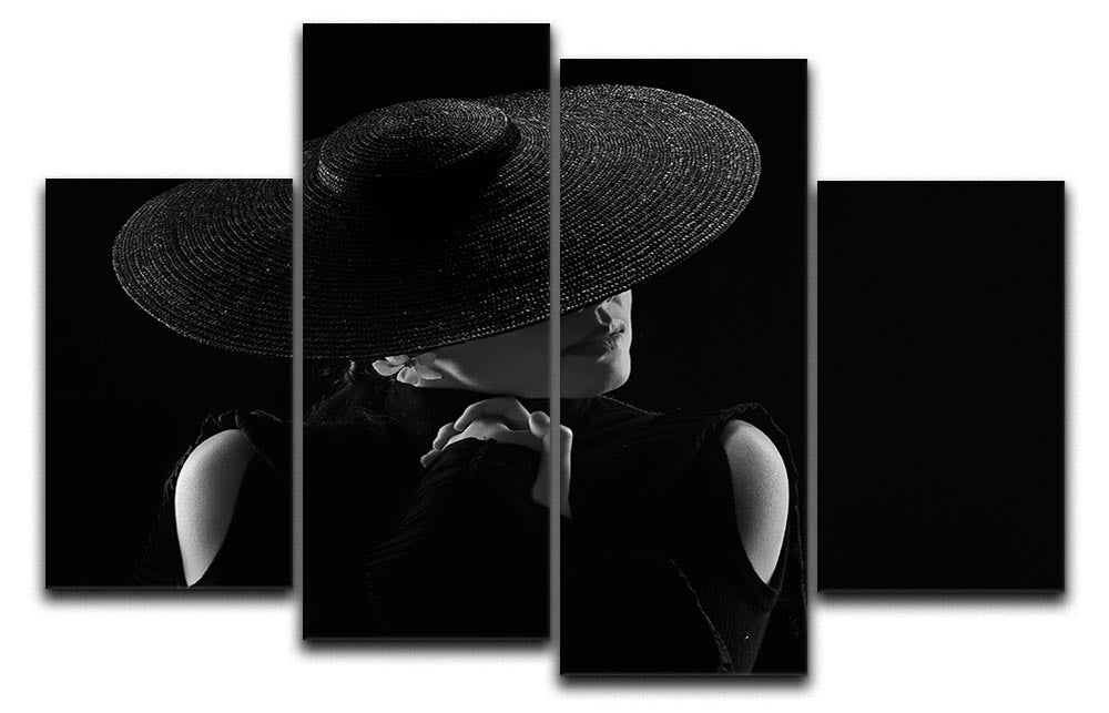 A Woman In A Hate 4 Split Panel Canvas artwork featuring a woman in a stylish hat, divided into four equal panels for a modern display.