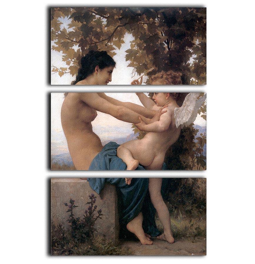 A stunning 3-panel canvas art featuring Bouguereau's painting of a young girl defending herself against Eros, showcasing intricate details and vibrant colors.