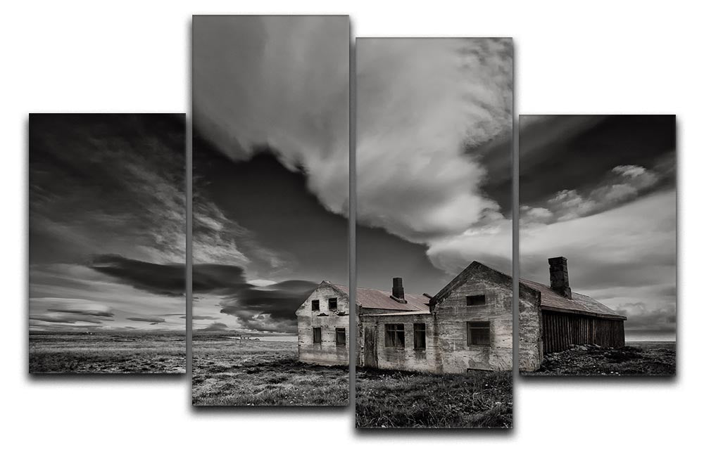 A stunning 4-split canvas artwork depicting an abandoned beachside house, showcasing vibrant colors and intricate details across four panels.