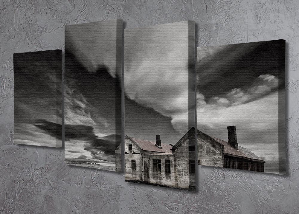 A stunning 4-split canvas artwork depicting an abandoned beachside house, showcasing vibrant colors and intricate details across four panels.