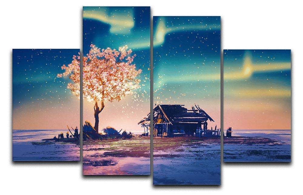 A captivating 4-split canvas artwork featuring an abandoned house and a fantasy tree, showcasing vibrant colors and intricate details.