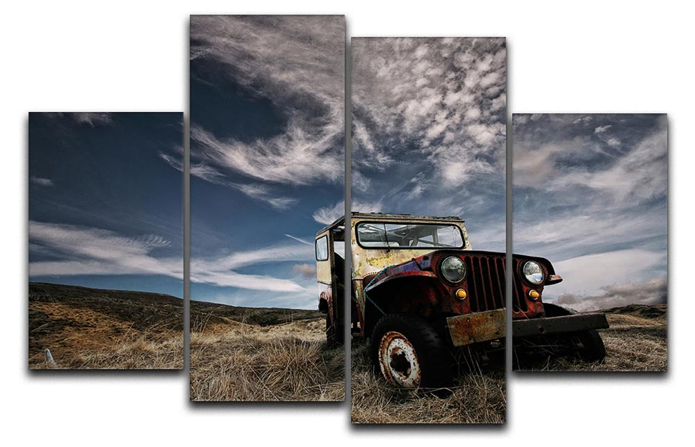 A beautiful 4-split canvas artwork featuring an abandoned truck in a serene countryside setting, showcasing rustic charm and depth.
