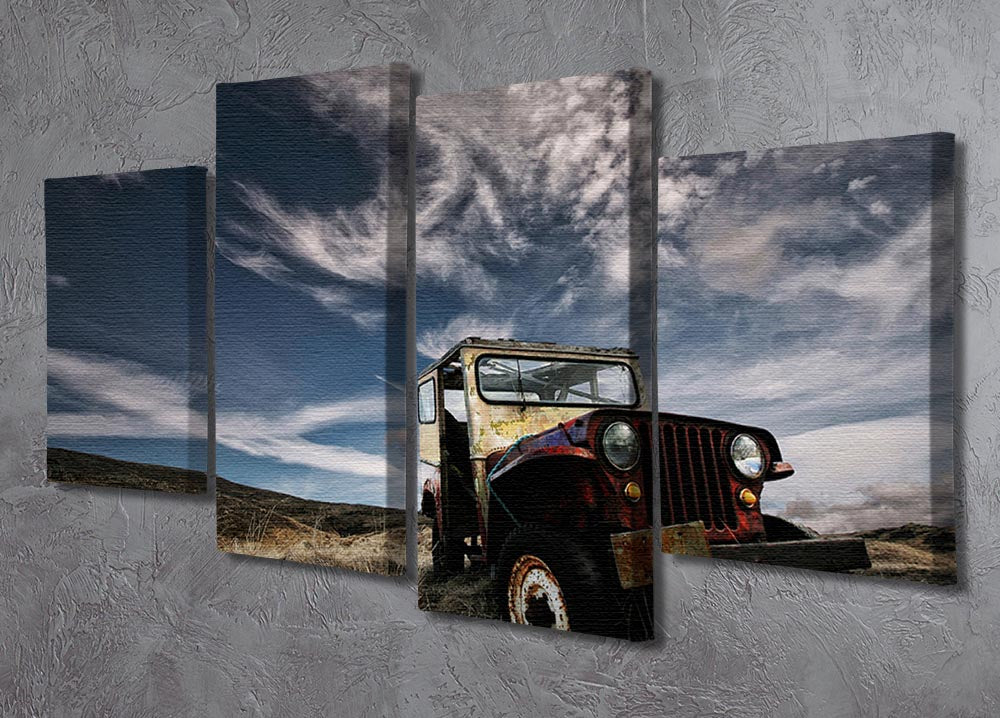A beautiful 4-split canvas artwork featuring an abandoned truck in a serene countryside setting, showcasing rustic charm and depth.