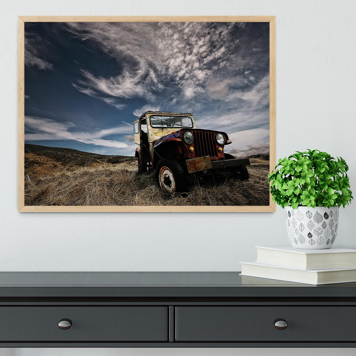 Framed print of an abandoned truck in a picturesque countryside setting, showcasing vibrant colors and quality craftsmanship.