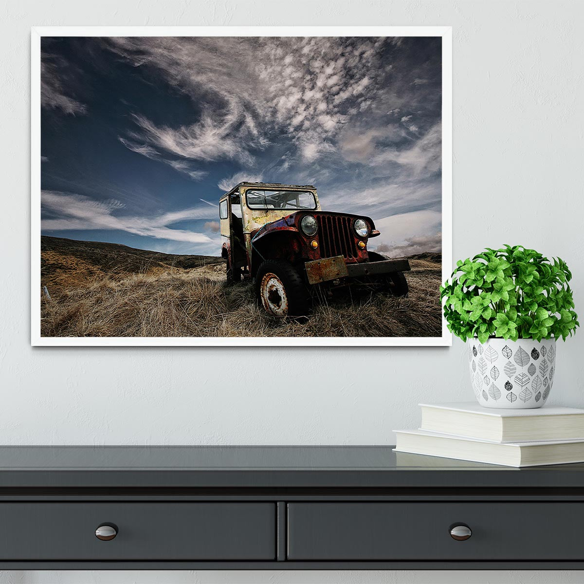 Framed print of an abandoned truck in a picturesque countryside setting, showcasing vibrant colors and quality craftsmanship.