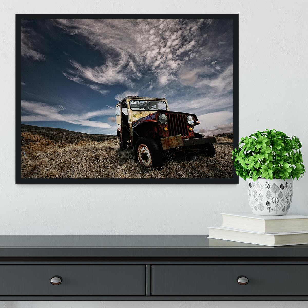 Framed print of an abandoned truck in a picturesque countryside setting, showcasing vibrant colors and quality craftsmanship.