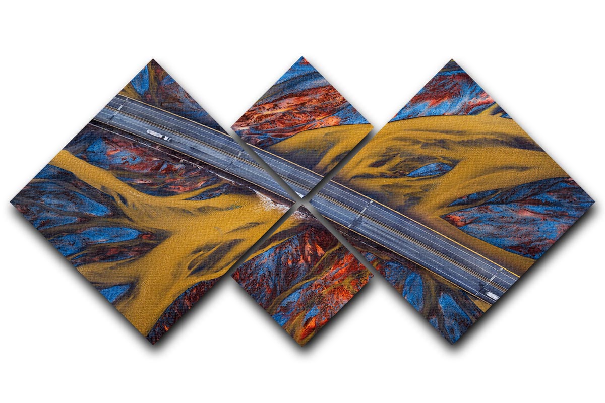 Above The Colorful River 4 Square Multi Panel Canvas artwork featuring vibrant colors and a serene river scene divided into four panels.