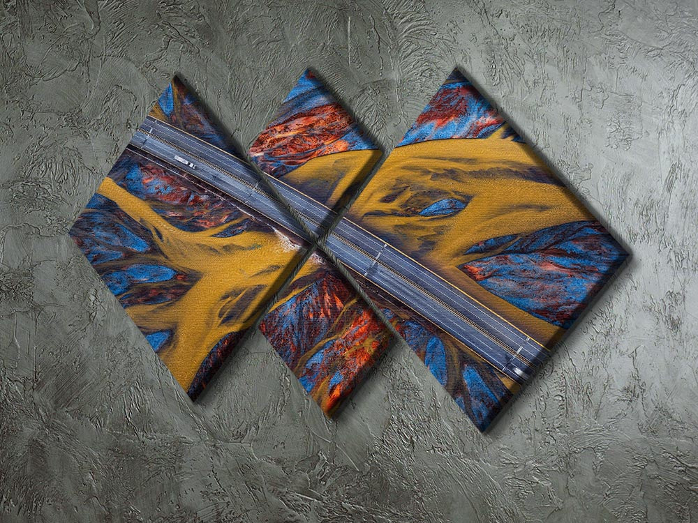 Above The Colorful River 4 Square Multi Panel Canvas artwork featuring vibrant colors and a serene river scene divided into four panels.