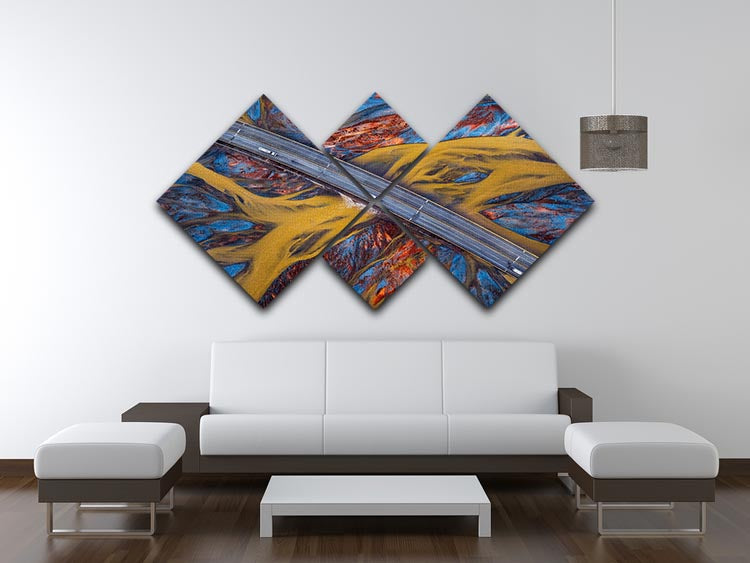 Above The Colorful River 4 Square Multi Panel Canvas artwork featuring vibrant colors and a serene river scene divided into four panels.
